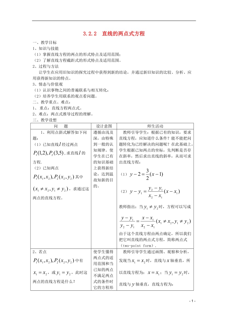 安徽工业大学附属中学高中数学3.2.2直线的两点式方程教案新人教B必修2.doc_第1页