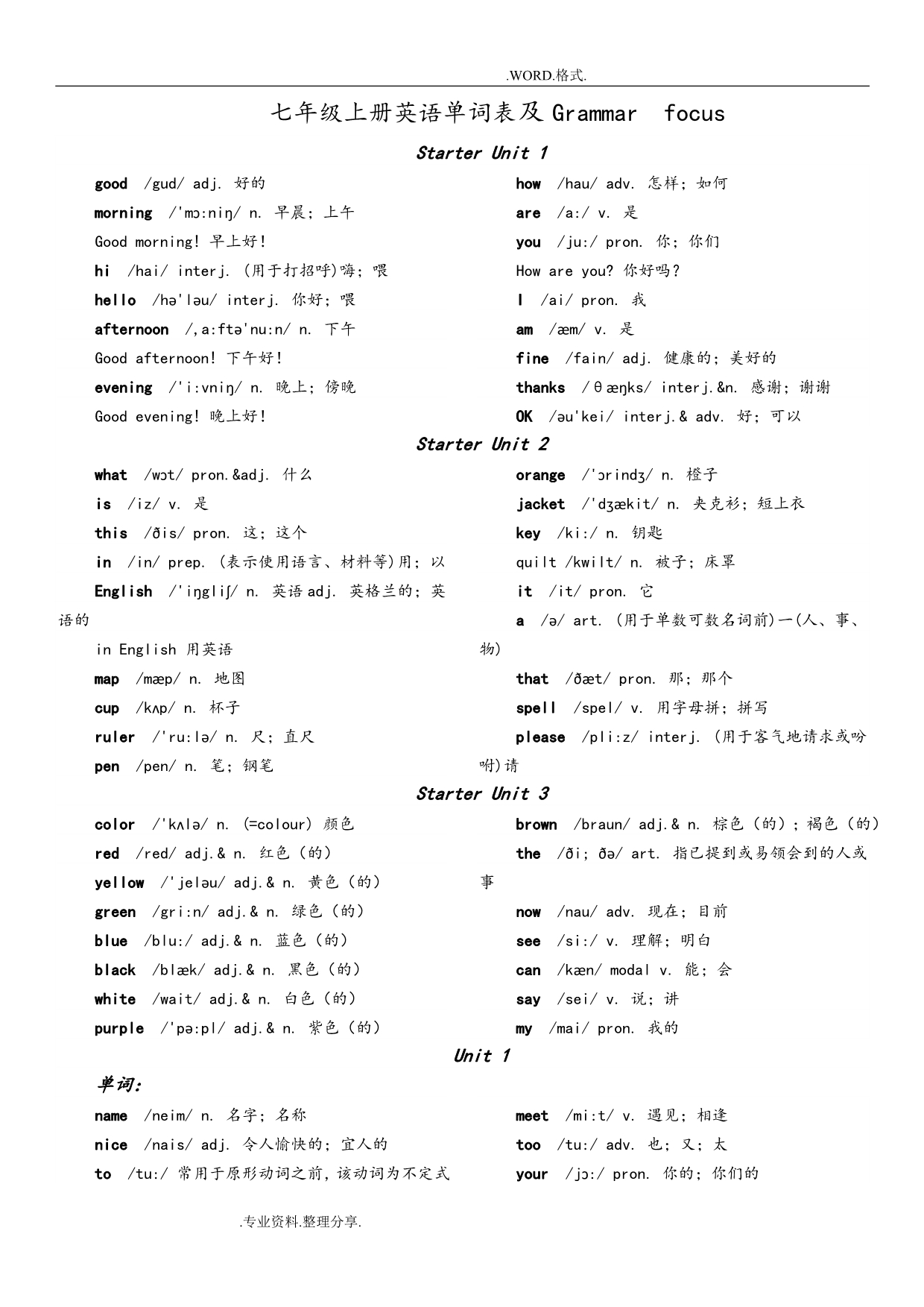 七年级(上册)英语单词表和Grammarfocus_第1页