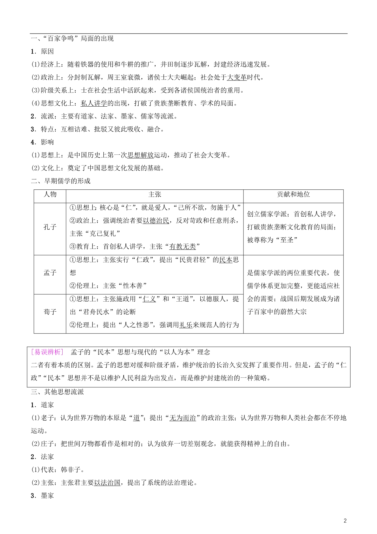 高考历史一轮复习第11单元中国传统文化主流思想的演变与科技文艺第24讲“百家争鸣”和儒家思想的形成及“罢黜百家独尊儒术”学案_第2页