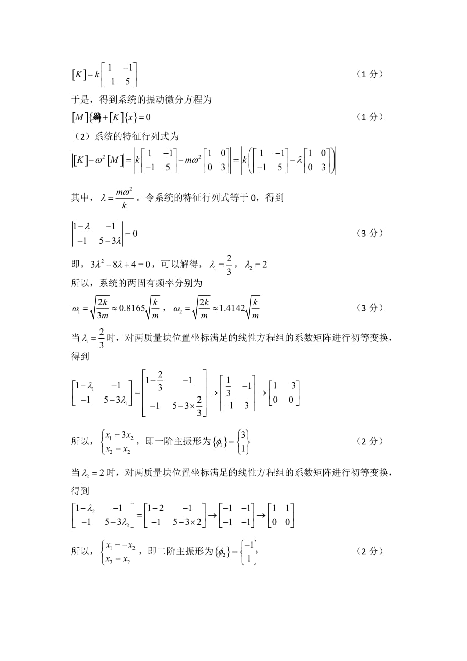 东北大学2014年机械振动动力学基础考试题及参考答案_第4页