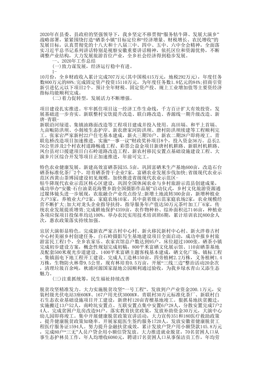 2020年乡政府工作总结及2020年工作的计划.docx_第1页