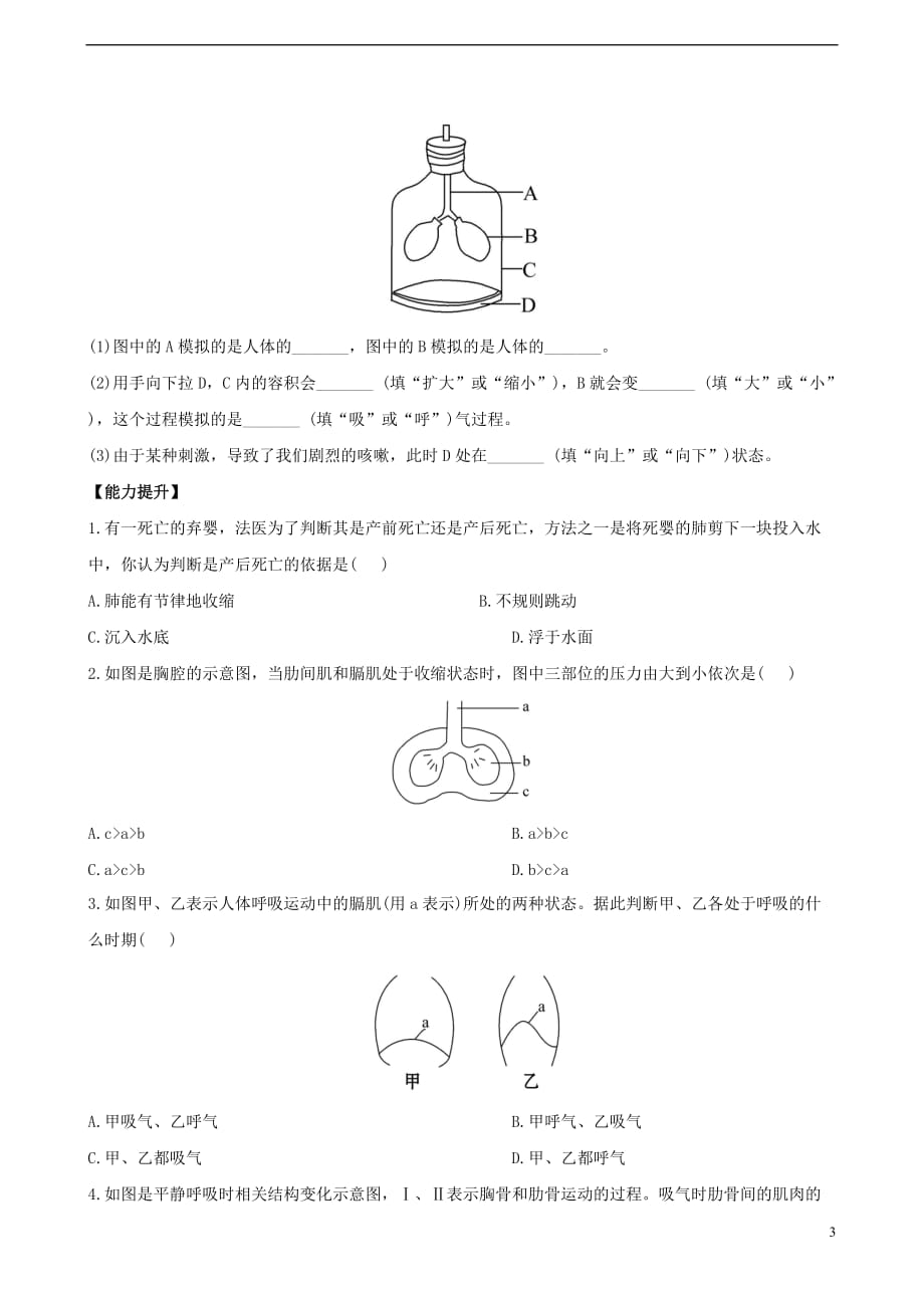 七年级生物下册4103人体和外界环境的气体交换课时达标练习苏教版!_第3页