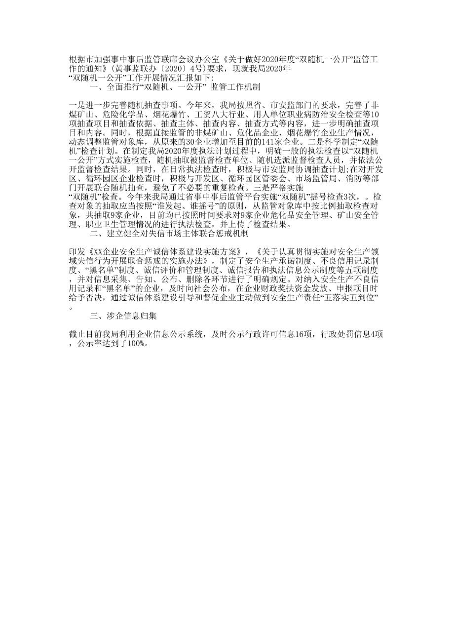 安监局2020年双随机一公开工作的总结.docx_第1页