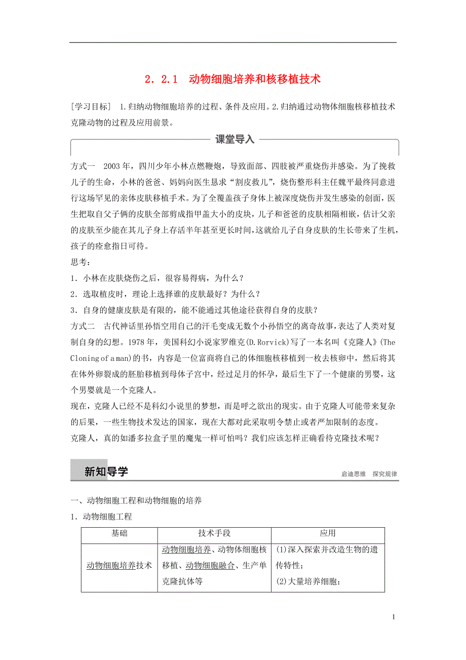 高中生物专题2细胞工程2.2动物细胞工程2.2.1动物细胞培养和核移植技术学案新人教版选修3_第1页