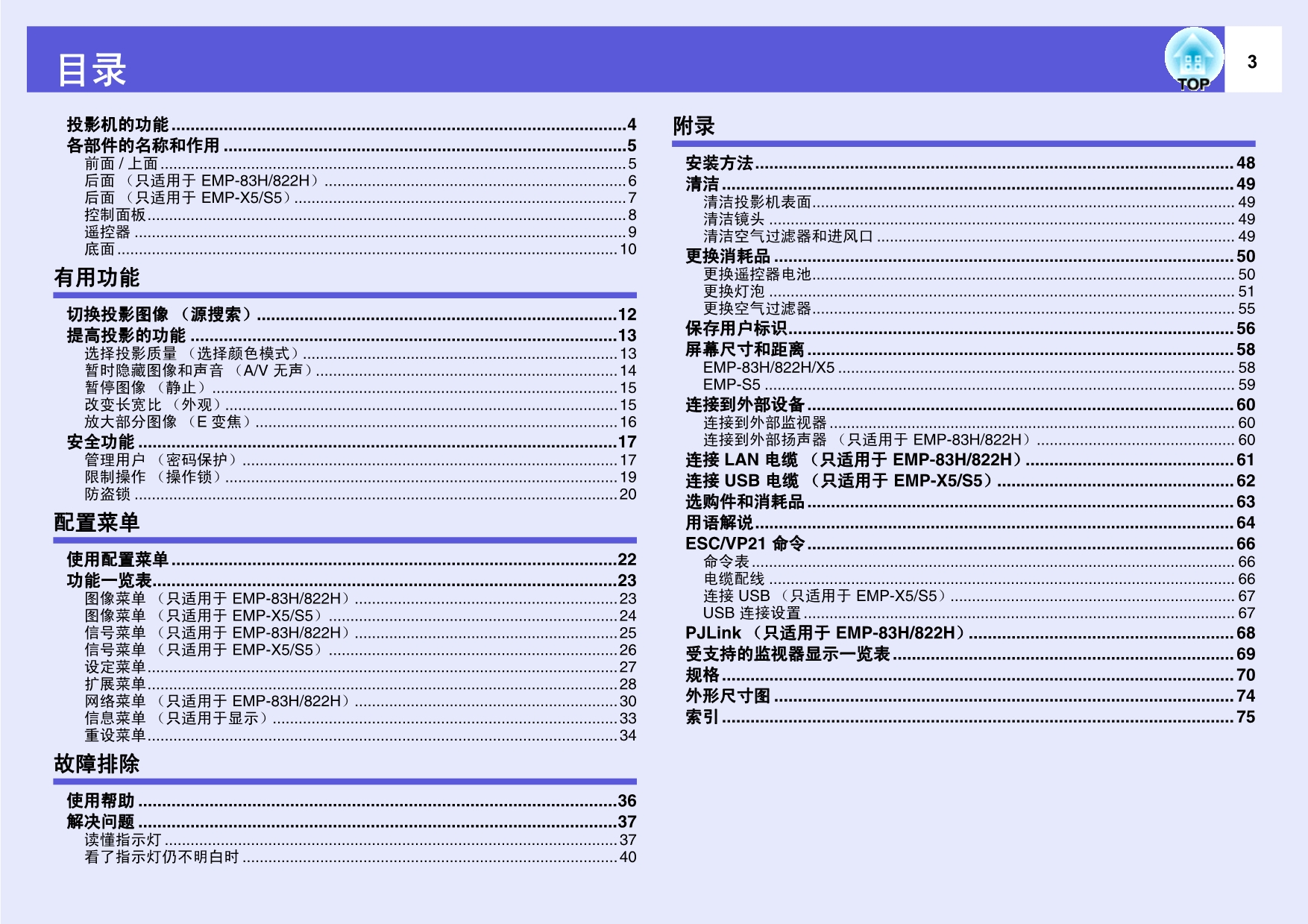 EPSON EMP-83H 822H EMP-X5 S5投影机说明书_第3页