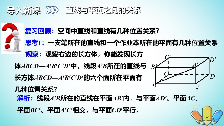 吉林伊通满族自治高中数学第二章点、直线、平面之间的位置关系2.1.3空间中直线与平面之间的位置关系课件新人教A必修2 .ppt_第3页