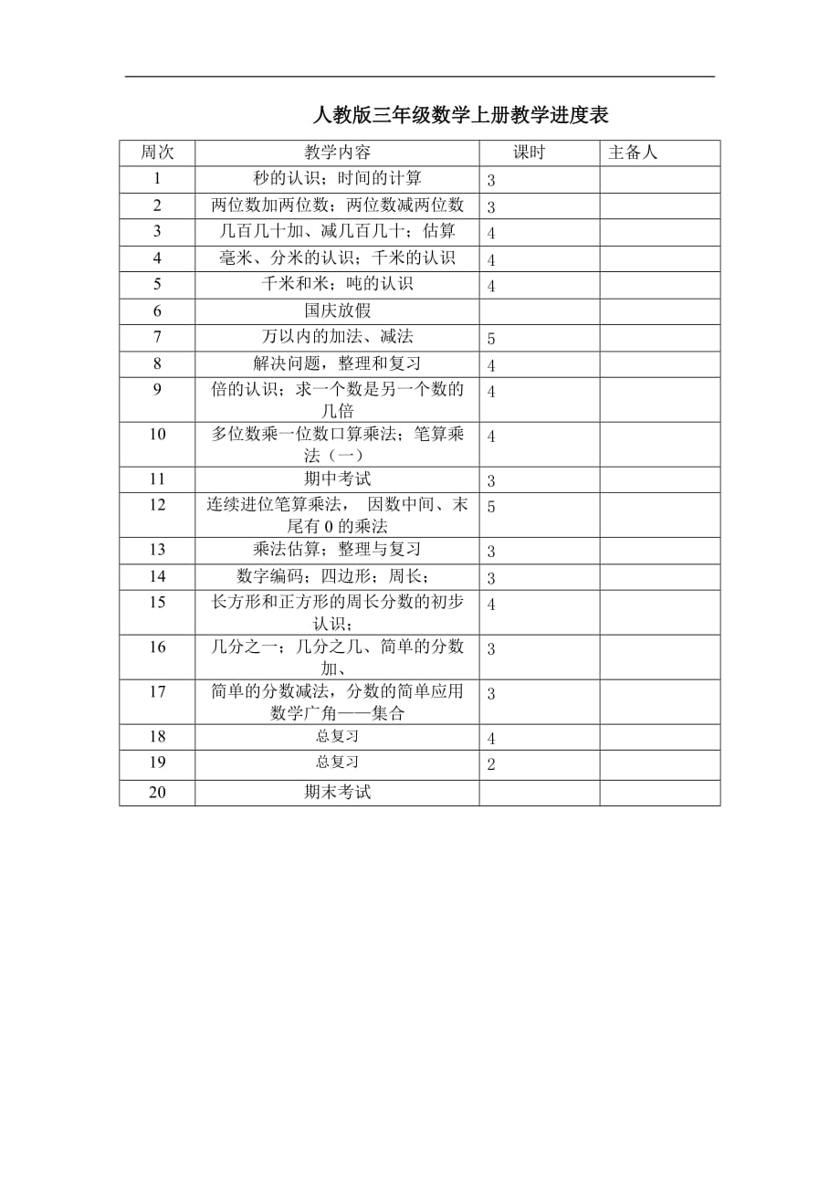 三年级数学上册课程教学进度表.doc_第1页