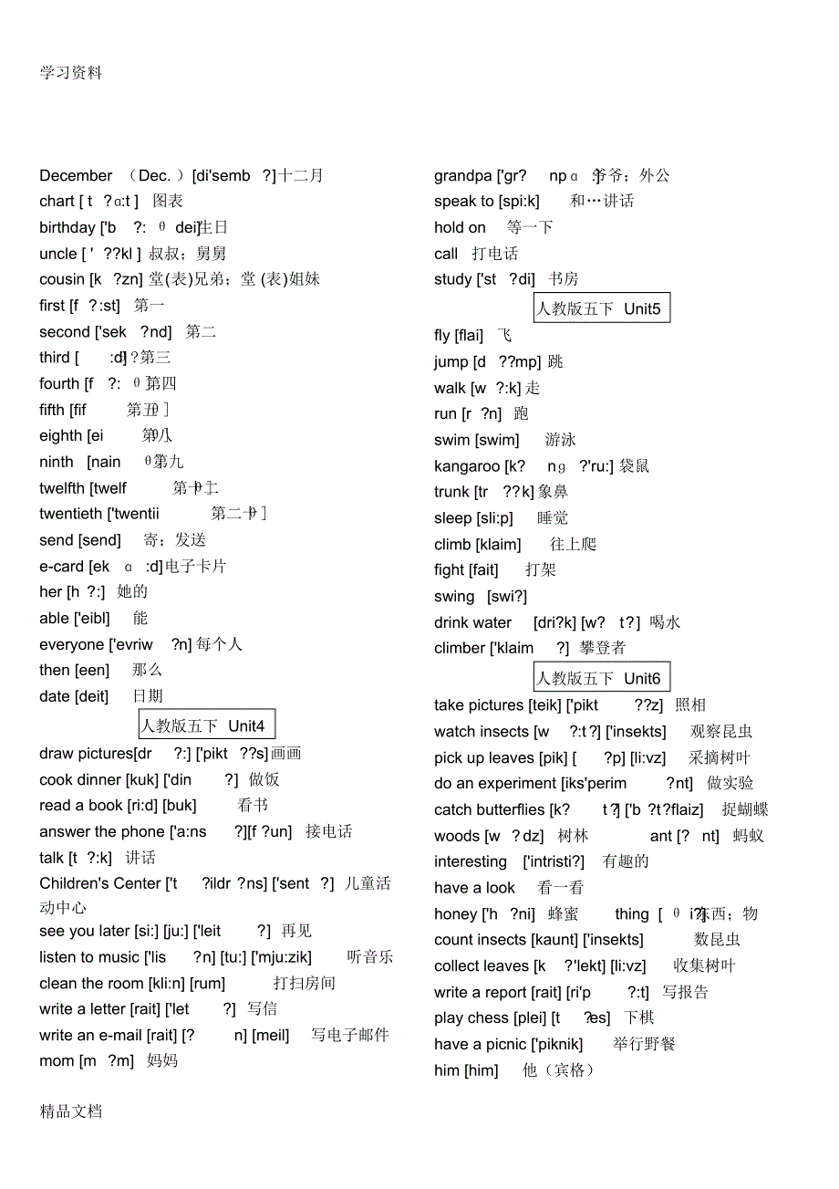 最新人教版小学五级下册单元词汇表(带音标)教学文案.pdf_第2页