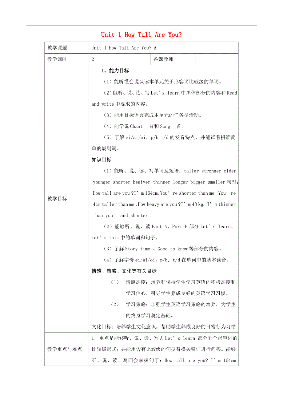 六年级英语下册Unit1Howtallareyou？教案（2）人教PEP版培训讲学_第1页