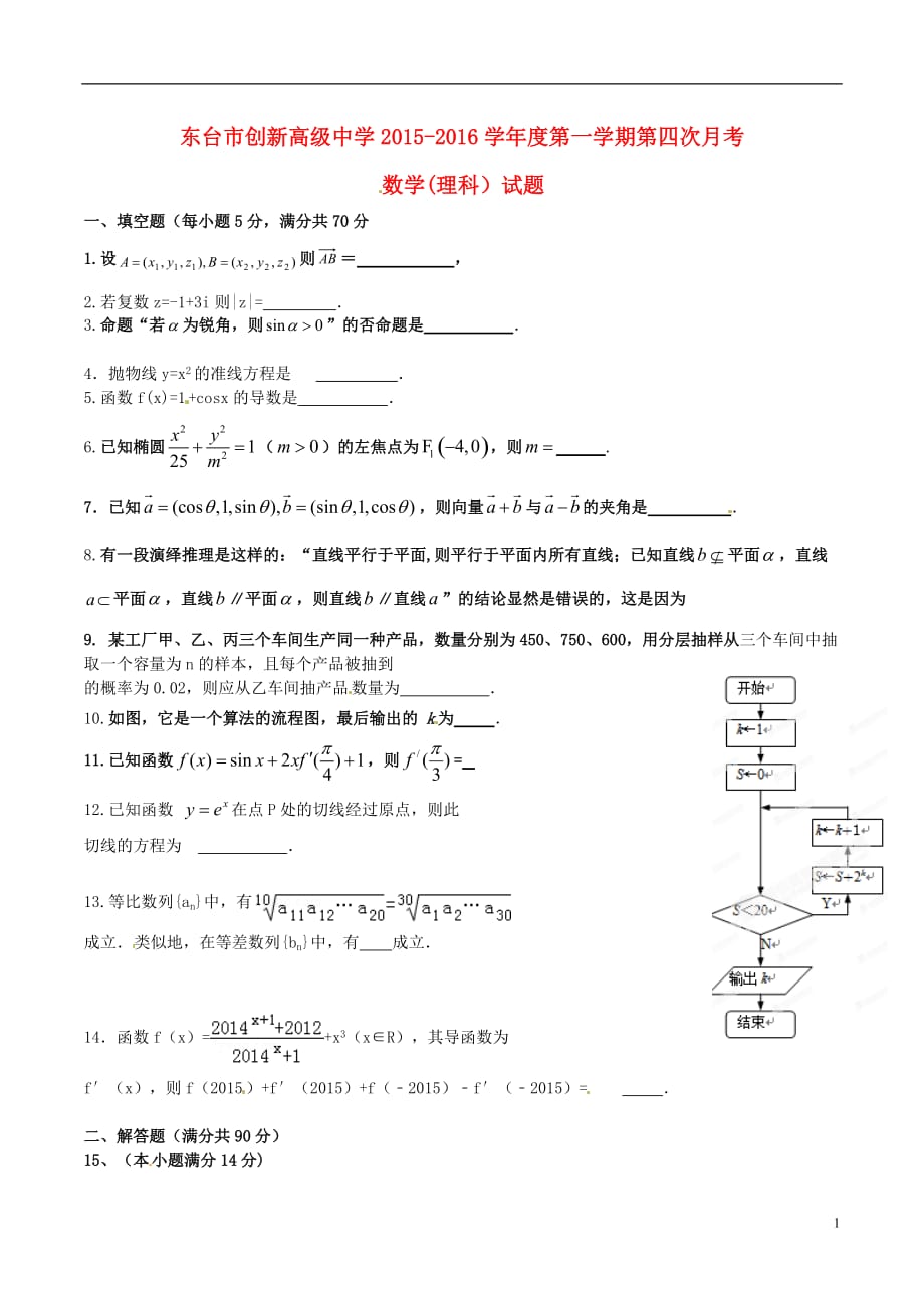 江苏东台创新学校高二数学月考理无答案.doc_第1页