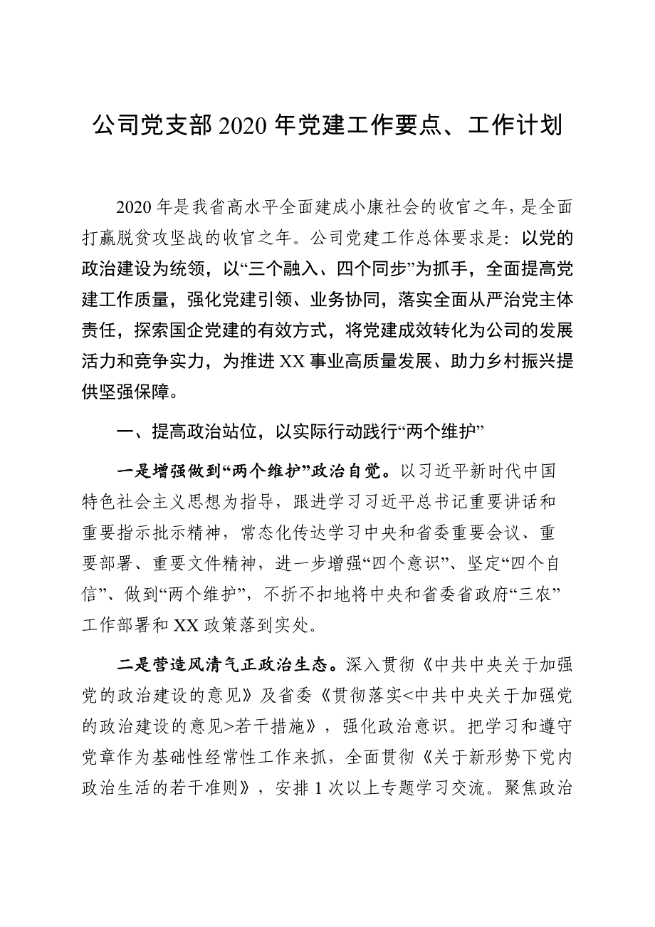 公司党支部2020年党建工作要点、工作计划_第1页