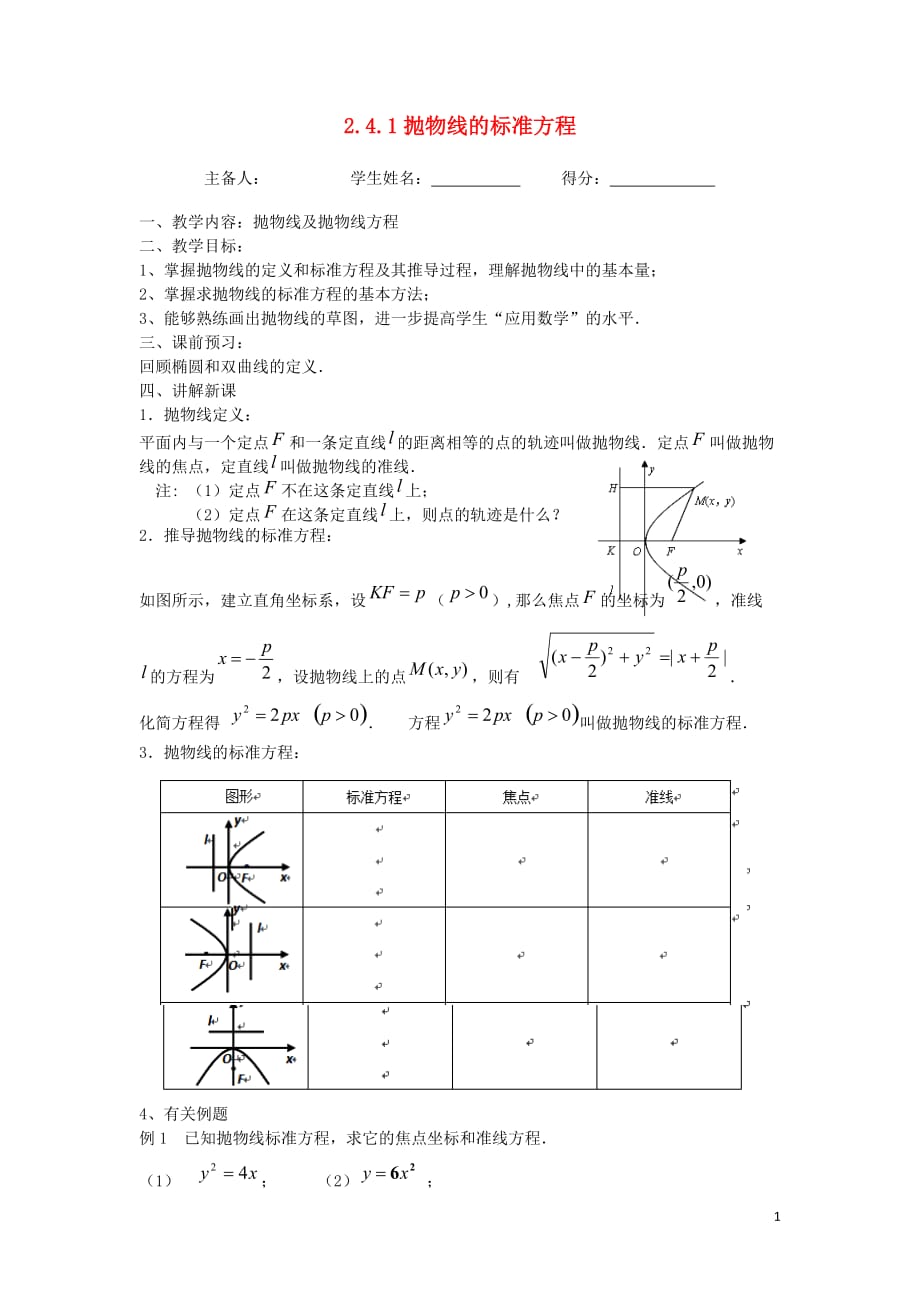 江苏东台高中数学第二章圆锥曲线与方程2.4.1抛物线的标准方程导学案无答案苏教选修11.doc_第1页