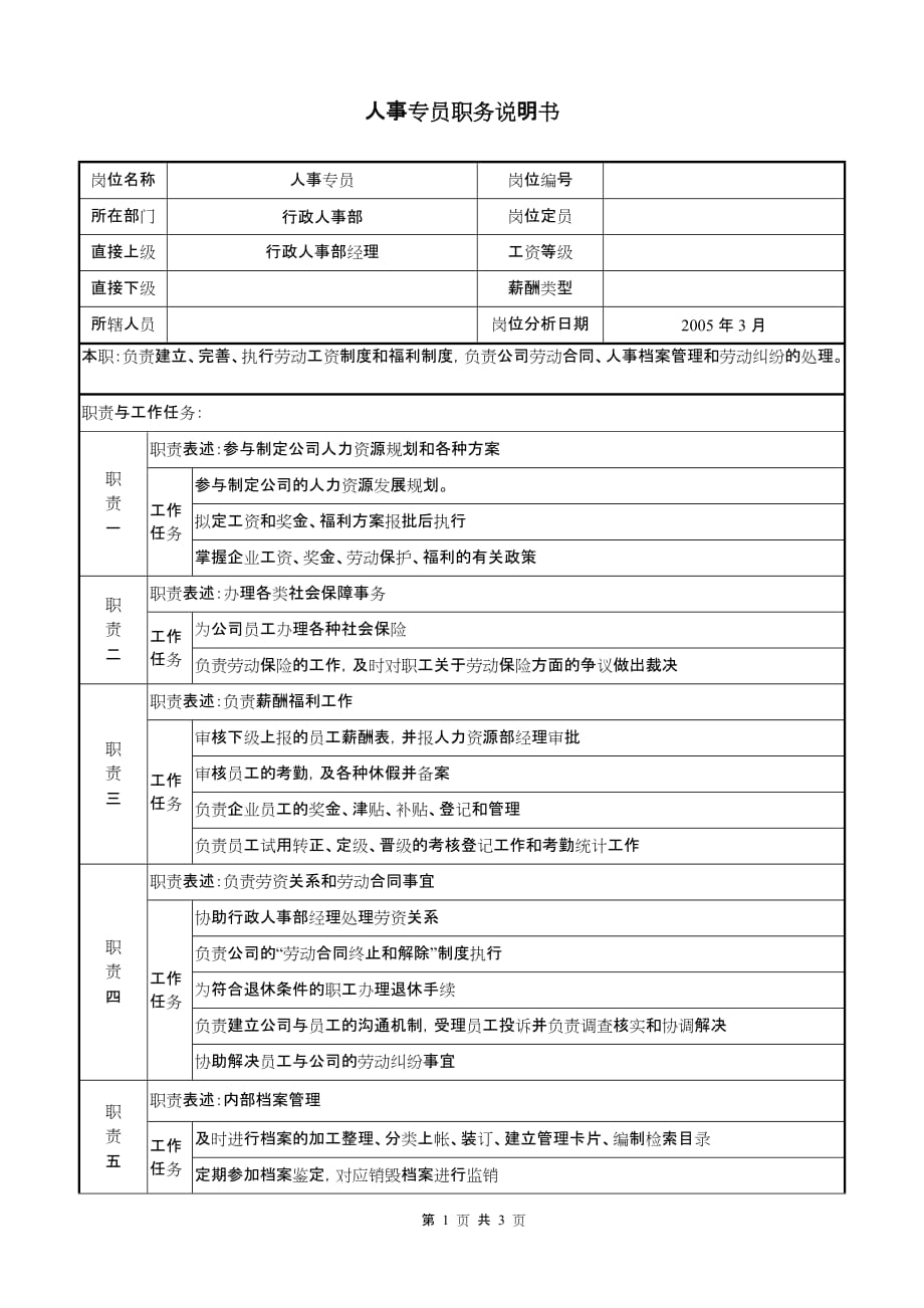 医药公司人事专员职务说明书_第1页