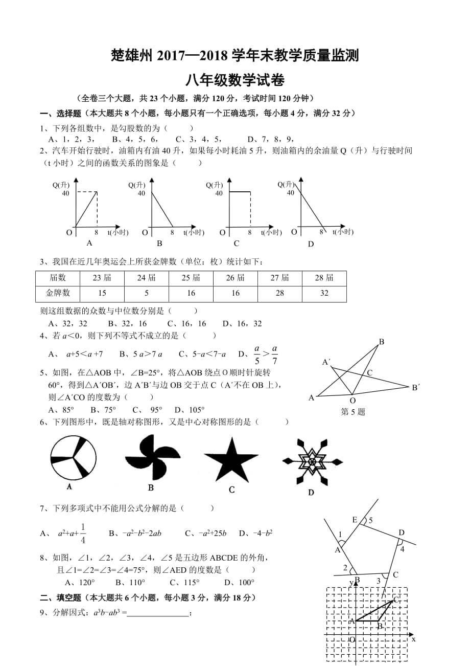 楚雄州2017—2018学年八年级下期末教学质量监测数学试题（含答案）_第1页