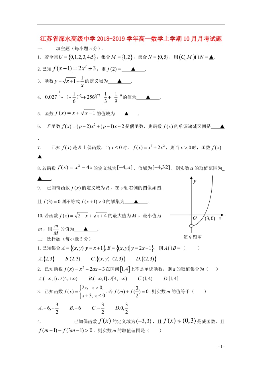 江苏溧水高级中学高一数学上学期月考.doc_第1页