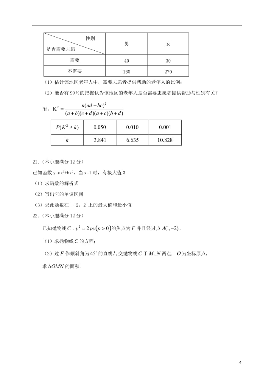 福建福州鼓山新区高二数学上学期期末考试文无答案.doc_第4页