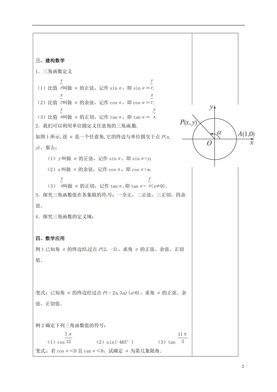 江苏江丹徒高中数学1.2.1任意角的三角函数1教案苏教必修4.doc_第2页