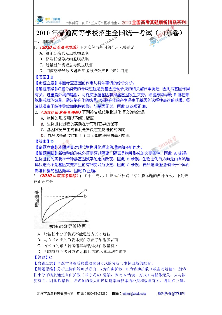 （生物科技行业）山东省综合(理)卷生物部分真题解析高_第1页