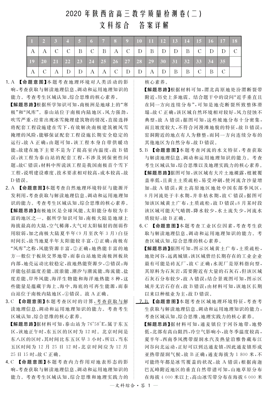 陕西省2020年高三4月教学质量检测（二）文综试题的答案+全解全析_第1页
