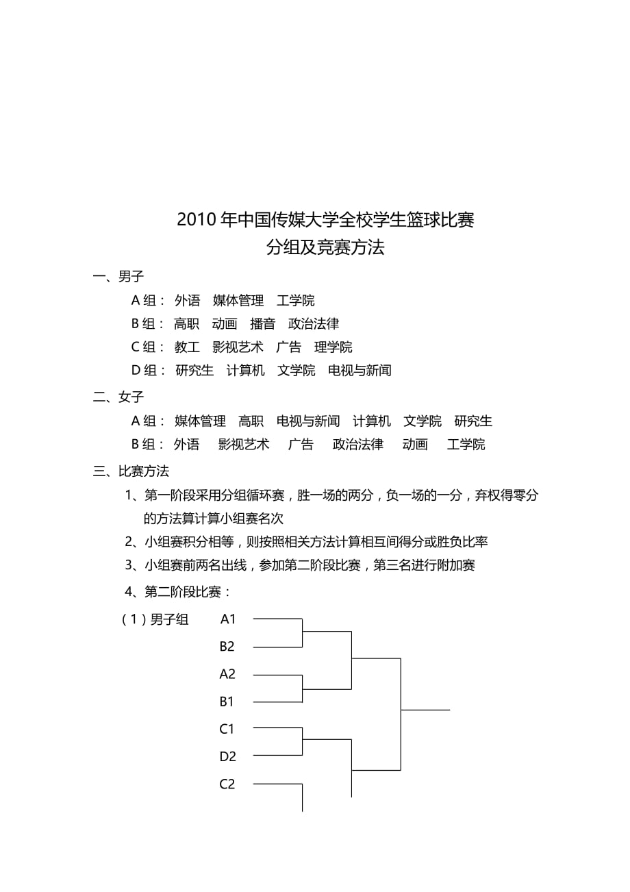 年中国传媒大学全校学生篮球比赛分组及竞赛方_第1页