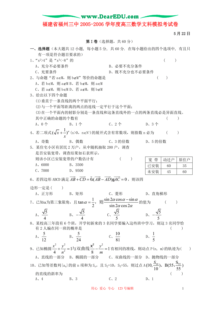 福建高三数学文科模拟考人教.doc_第1页