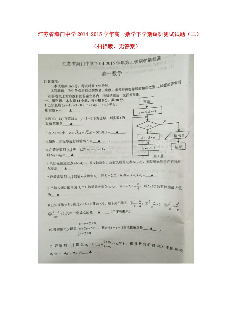 江苏高一数学下学期调研测试二扫描无答案.doc_第1页