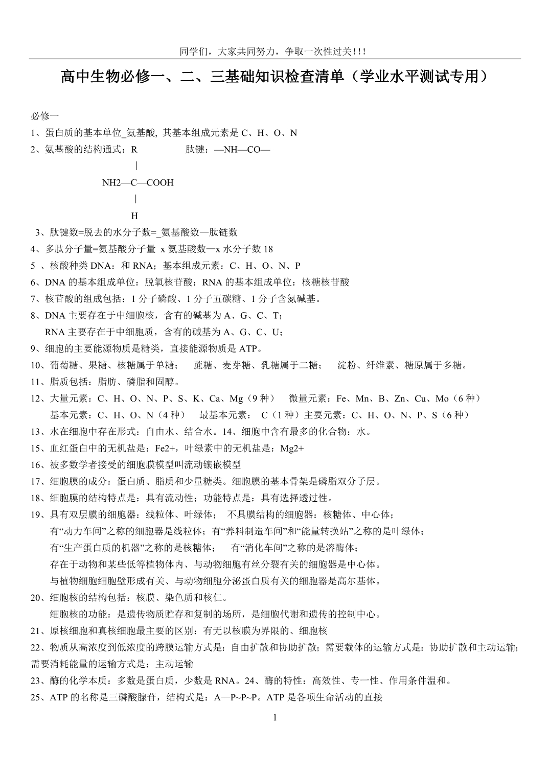 （生物科技行业）高中生物必修一二三基础知识检查清单(学业水平测试专用)_第1页