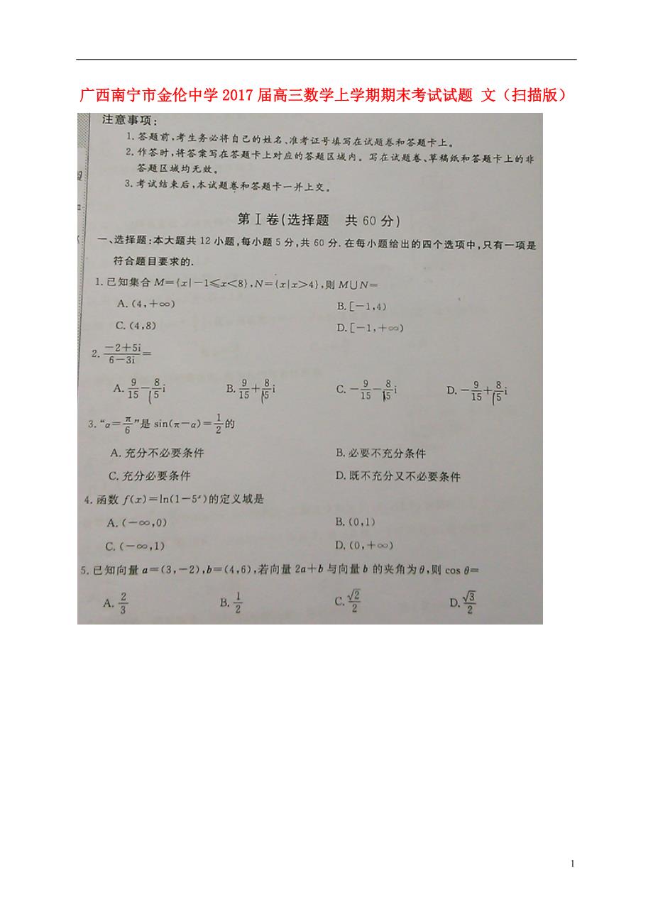 广西南宁金伦中学高三数学上学期期末考试文.doc_第1页