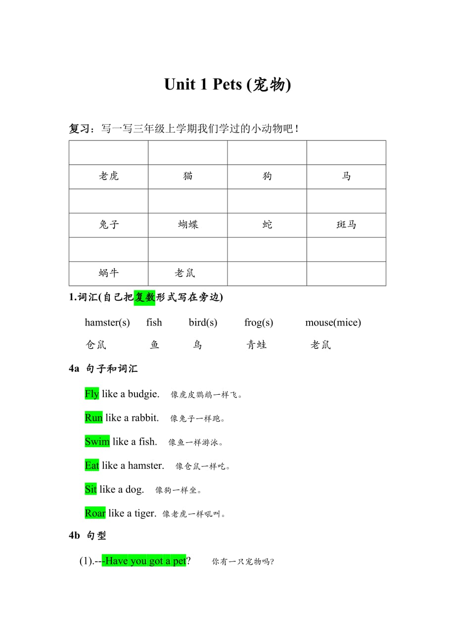 剑桥（join in）版2019-2020年三年级英语下册 单元知识梳理 Unit 1_第1页