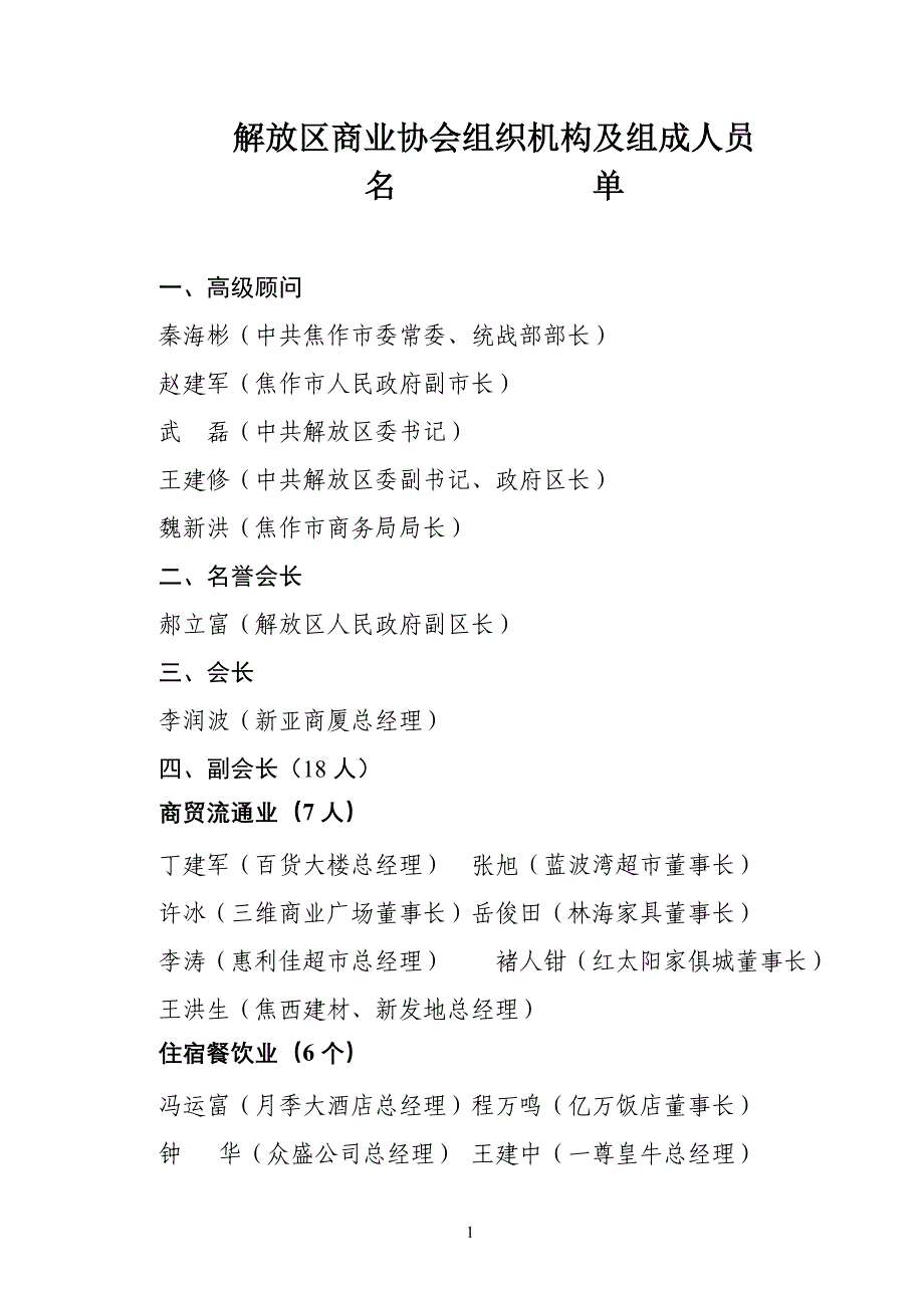 （组织设计）解放区商业协会组织机构及组成人员_第1页