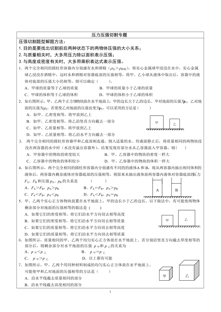 压力压强专题复习题（提高型）及答案_第1页