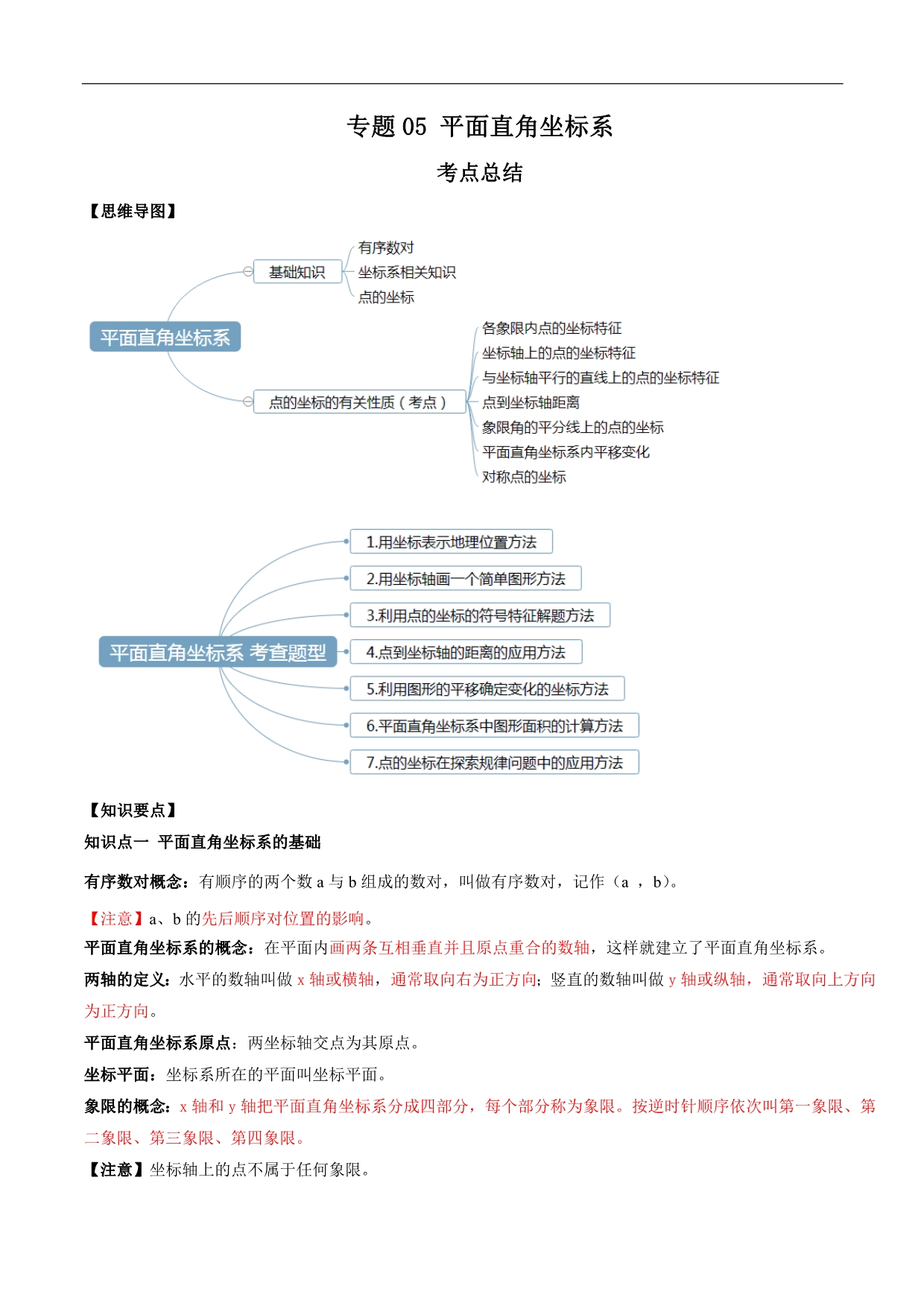 2020年中考数学一轮复习基础考点及题型专题05 平面直角坐标系（解析版）_第1页