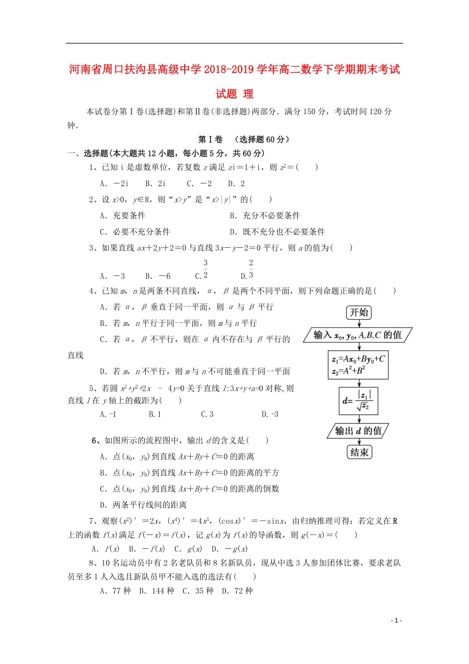 河南周口扶沟高级中学高二数学下学期期末考试理.doc_第1页