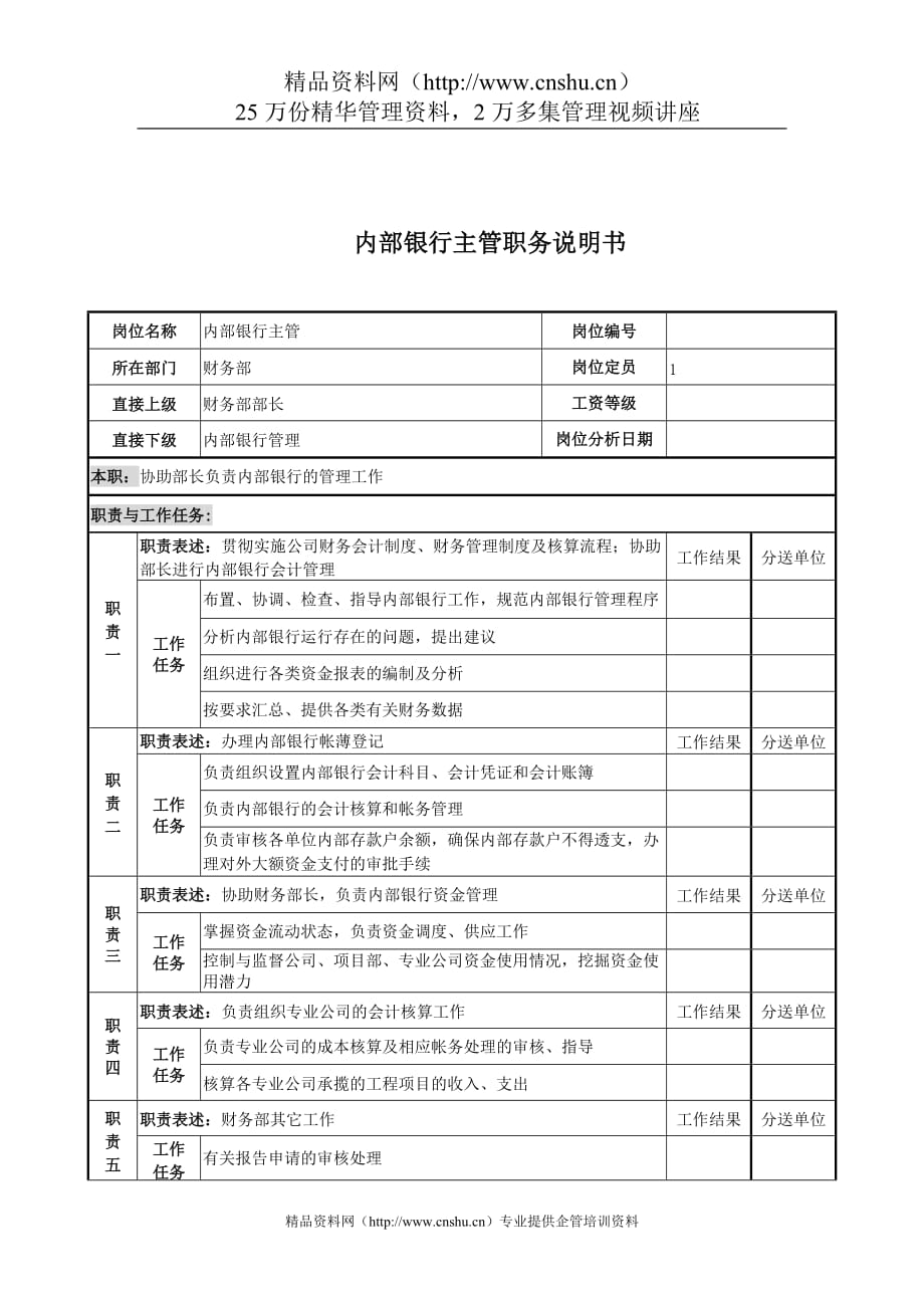 （金融保险）电力公司内部银行主管岗位说明书_第1页