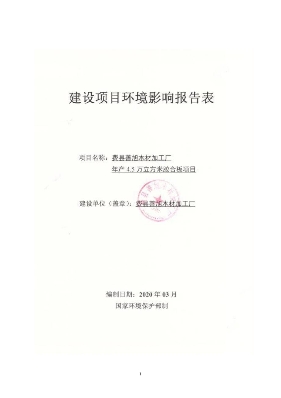 费县善旭木材加工厂年产4.5万立方米胶合板项目环评报告表_第1页