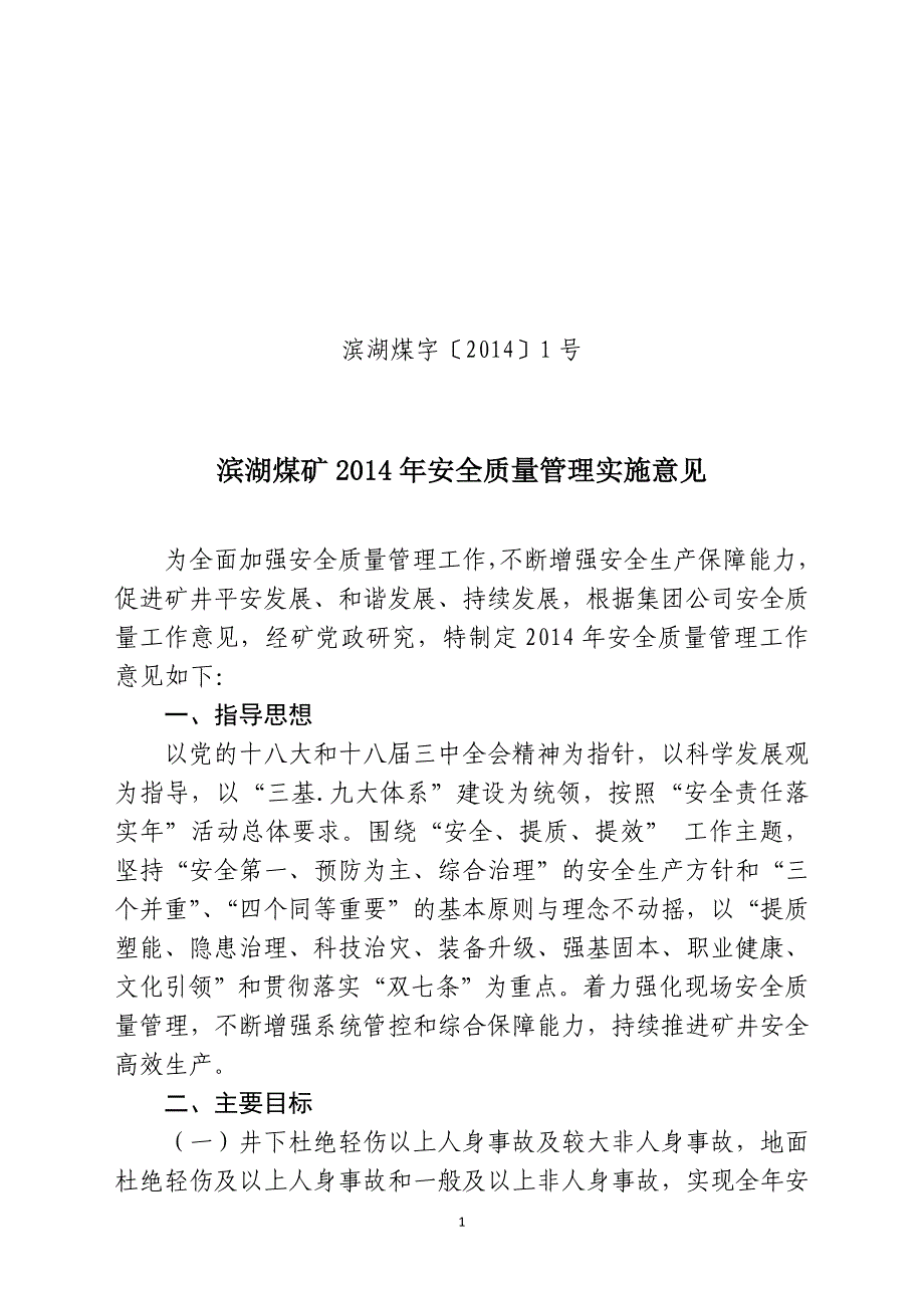 （冶金行业）号文滨湖煤矿年安全质量管理实施意见_第1页