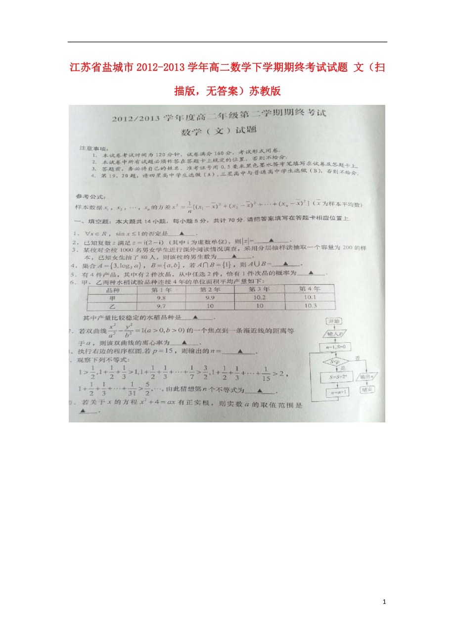 江苏盐城高二数学期终考试文扫描无苏教.doc_第1页