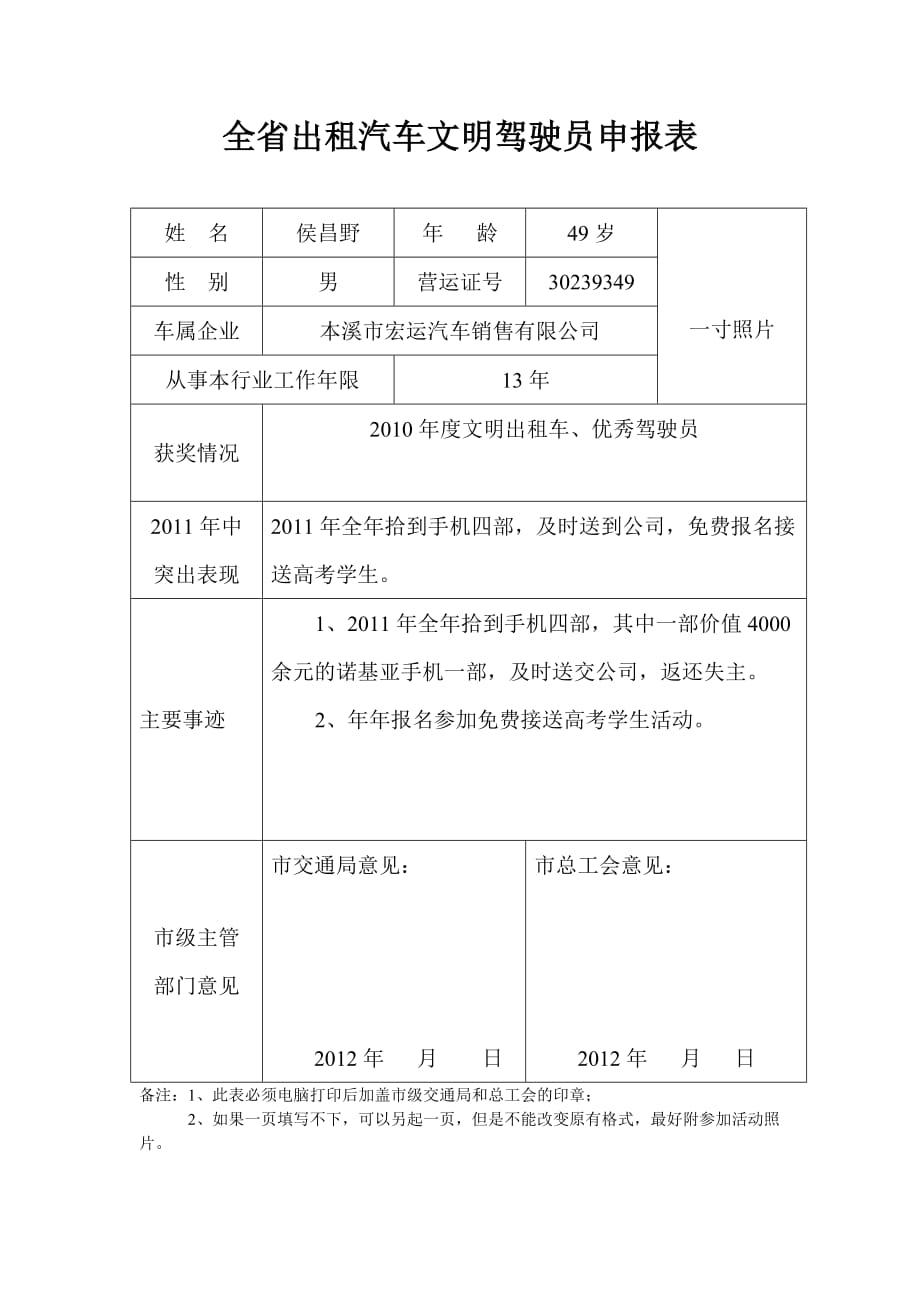 （汽车行业）全省出租汽车文明驾驶员申报表_第3页