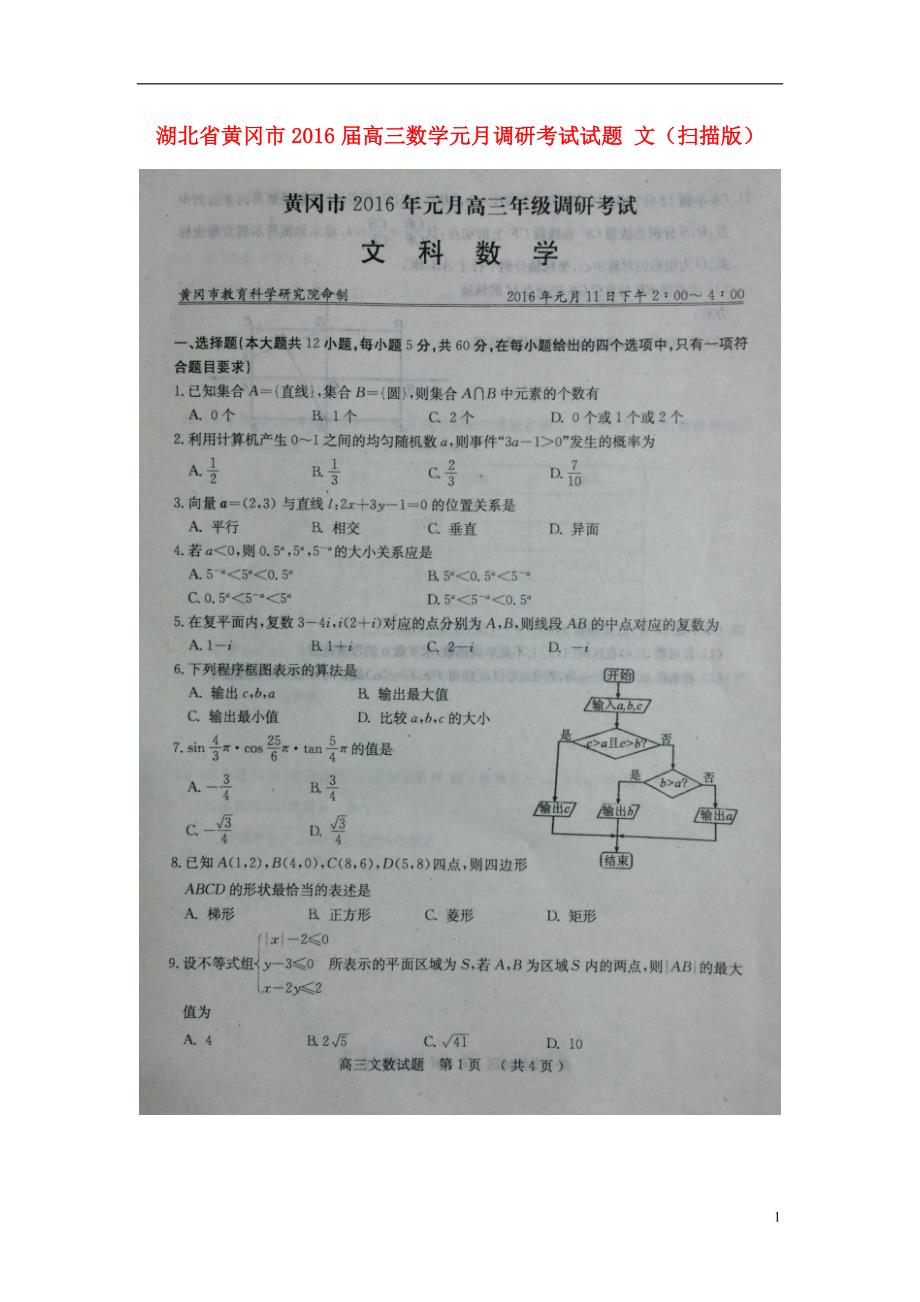 湖北黄冈高三数学元月调研考试文 .doc_第1页