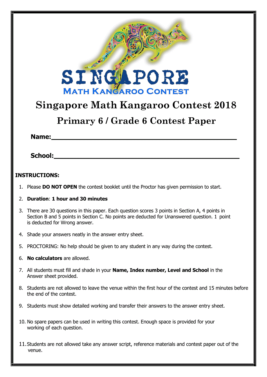 新加坡奥数袋鼠数学竞赛例题-6年级-Kangroo sample Primary-6 2018_第1页