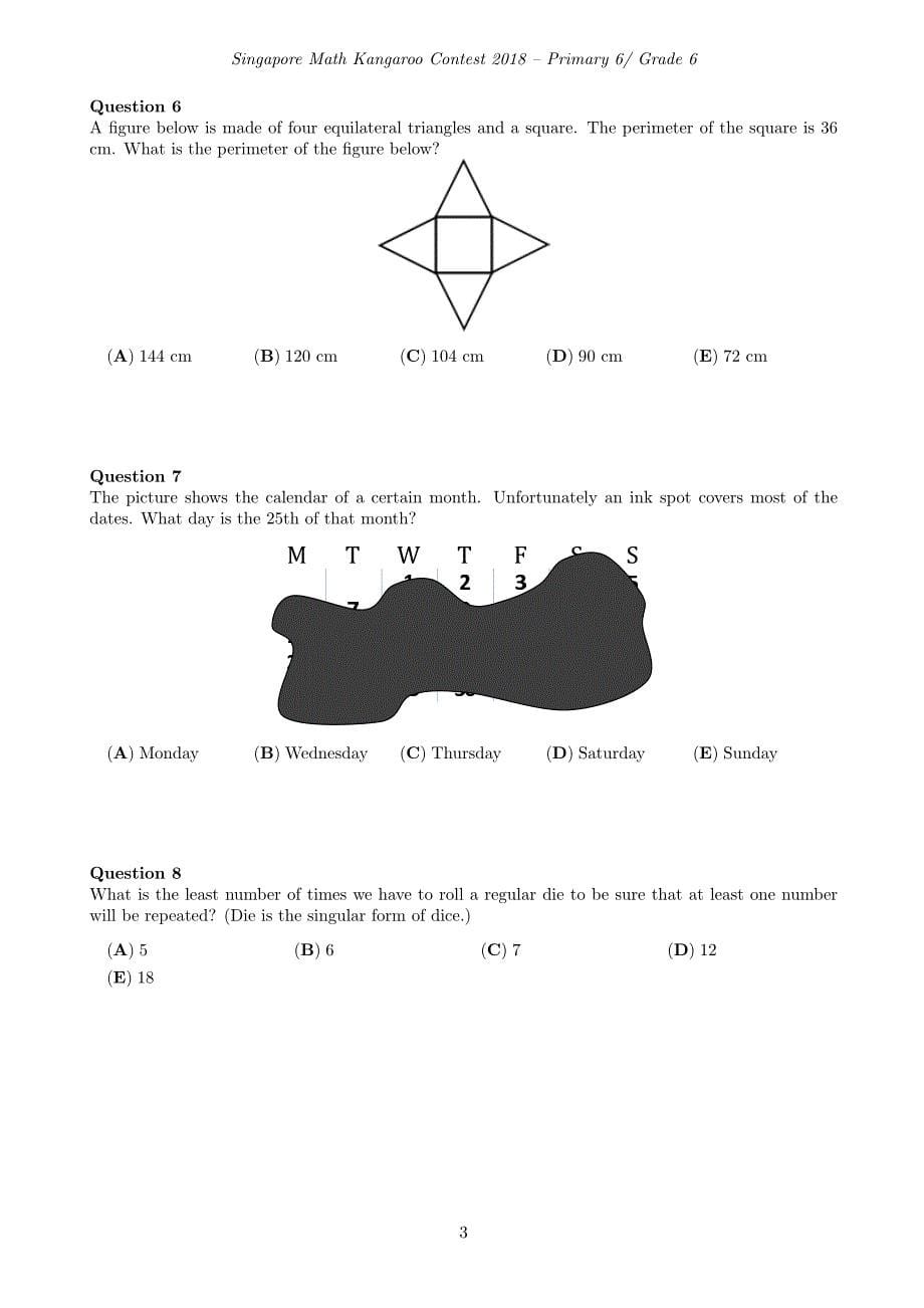 新加坡奥数袋鼠数学竞赛例题-6年级-Kangroo sample Primary-6 2018_第5页