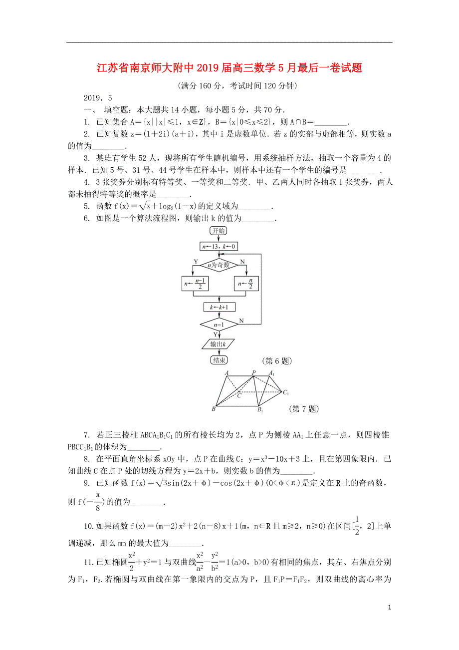 江苏南京师大附中高三数学最后一卷 .doc_第1页