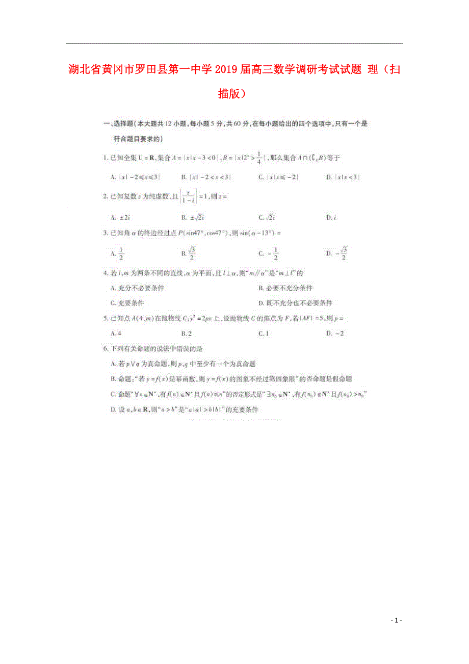 湖北黄冈罗田第一中学高三数学调研考试理 .doc_第1页