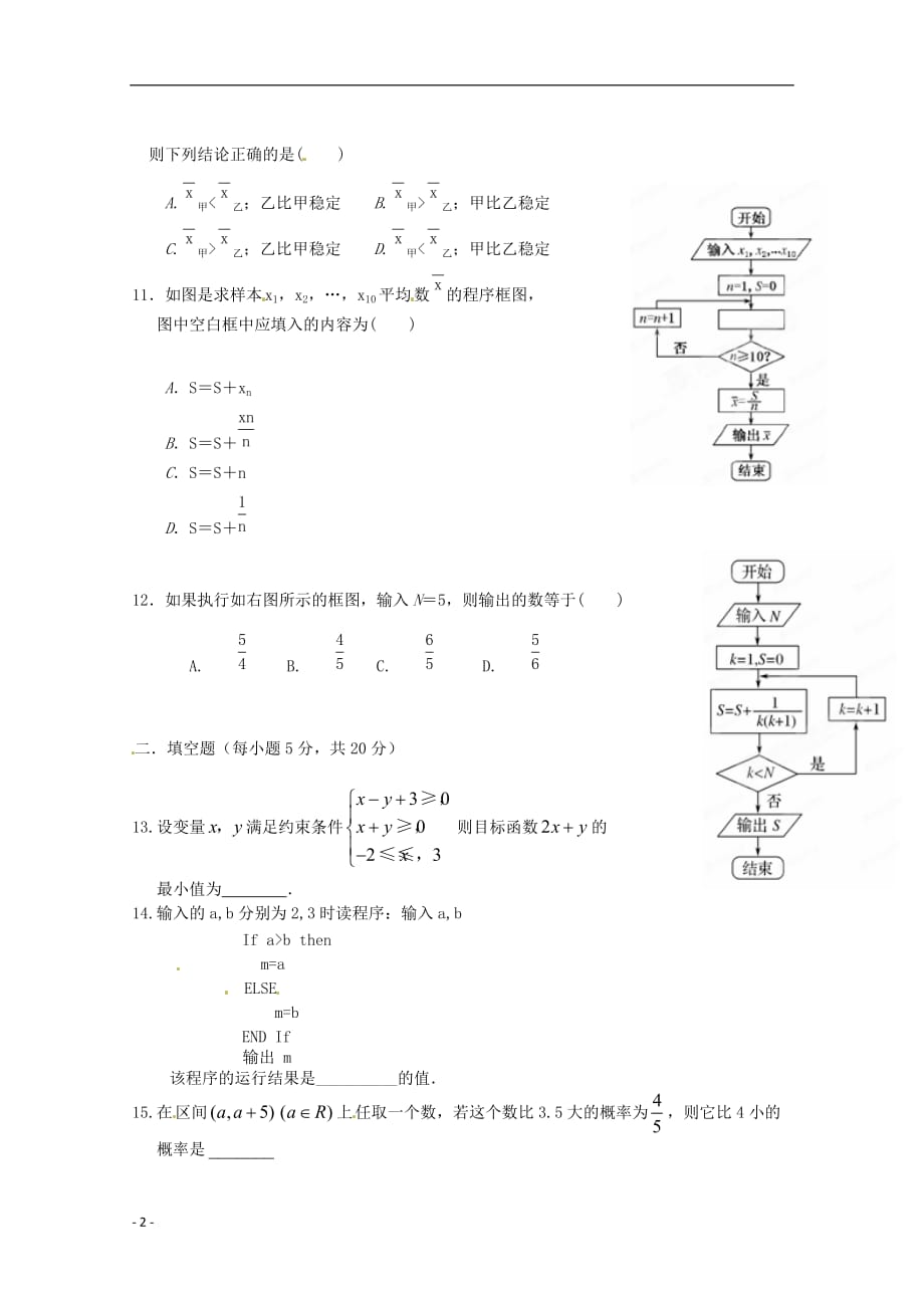 河南省正阳县2012—学年高二数学上学期第一次素质检测试题 文（无答案）.doc_第2页