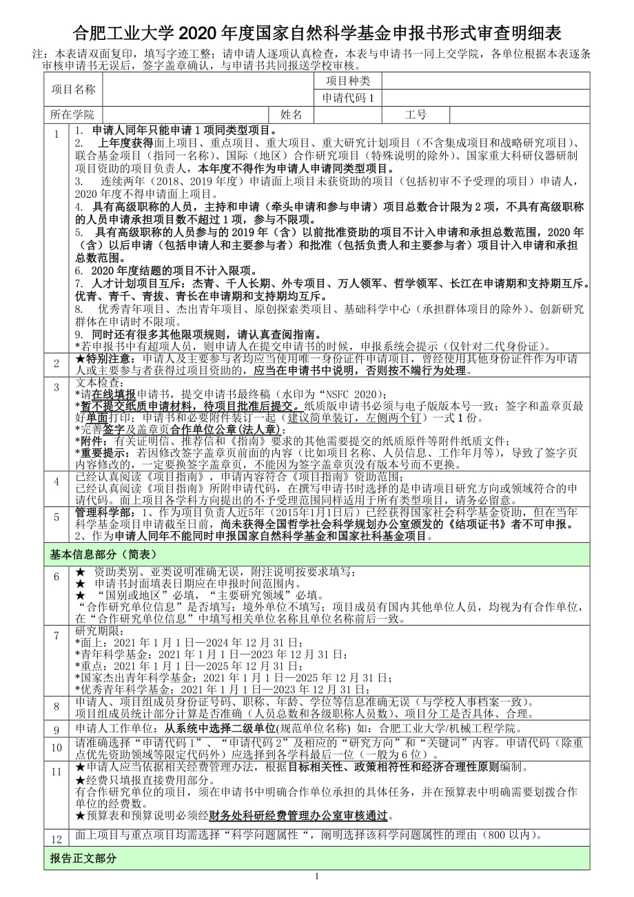 合肥工业大学2020年度国家自然科学基金申报书形式审查明细_第1页