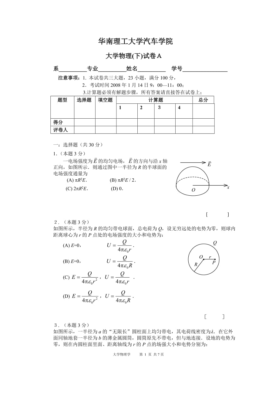 （汽车行业）工大学汽车学院大学物理(下)考试题A_第1页