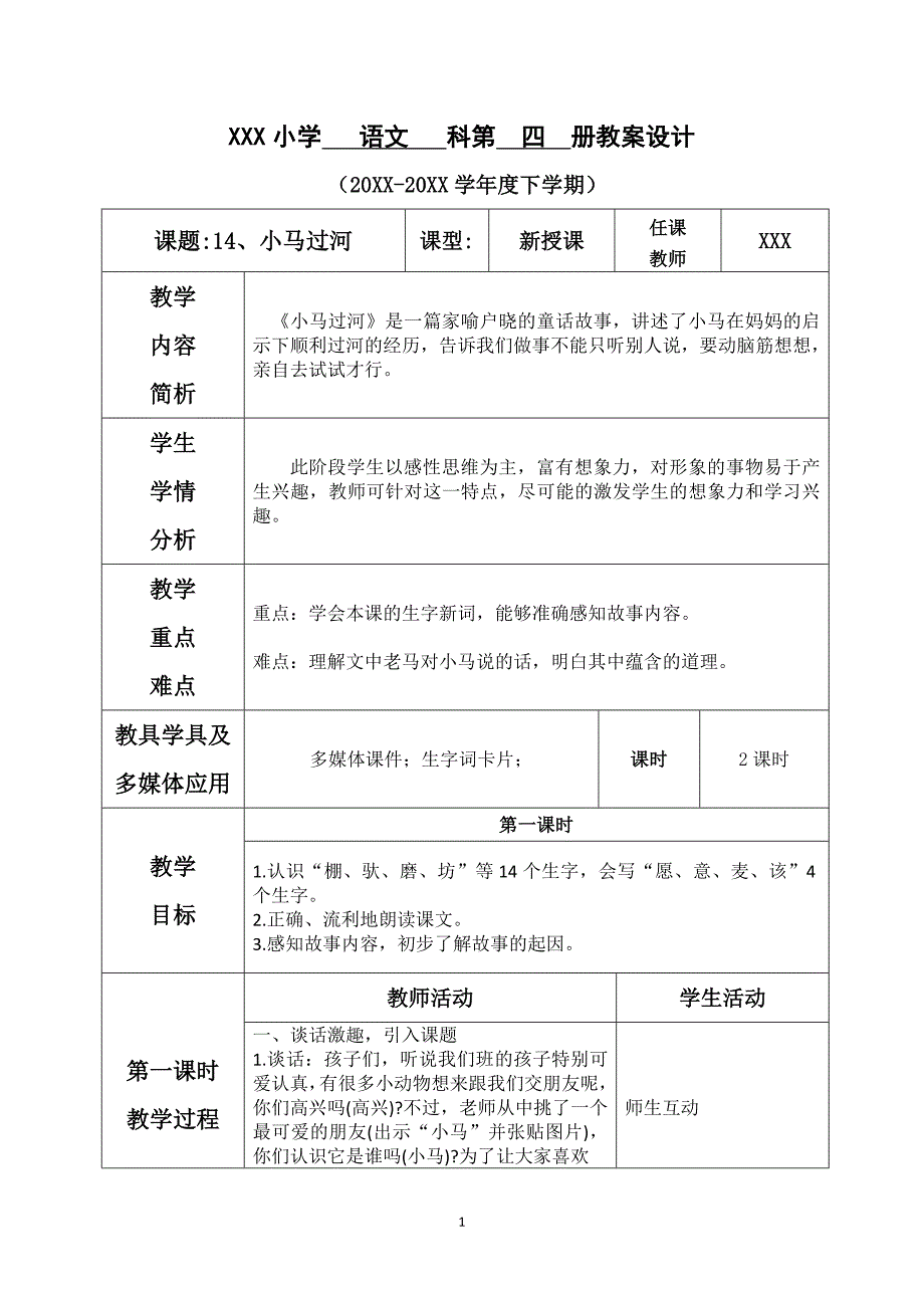 2020人教部编版二年级下册语文《第五单元--14.小马过河》教案_第1页