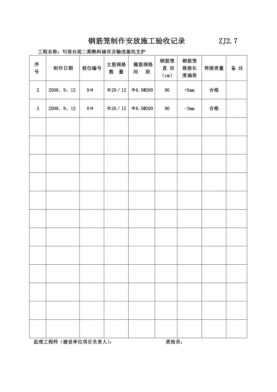 （建筑工程管理）钢筋笼制作安放施工验收记录ZJ_第2页