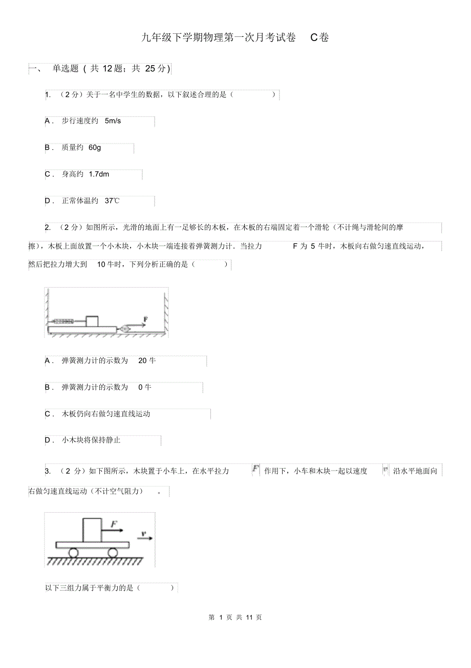 九年级下学期物理第一次月考试卷C卷.pdf_第1页