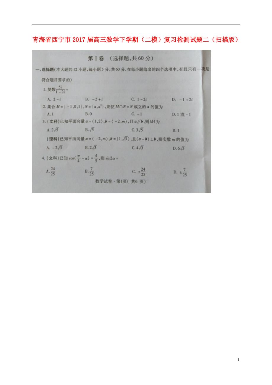 青海西宁高三数学二模复习检测二.doc_第1页